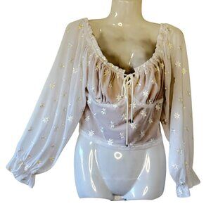 Fairy Baby Doll Crop Top Sheer Balloon Sleeve Ruffled Y2K Daisy Embroidery  S